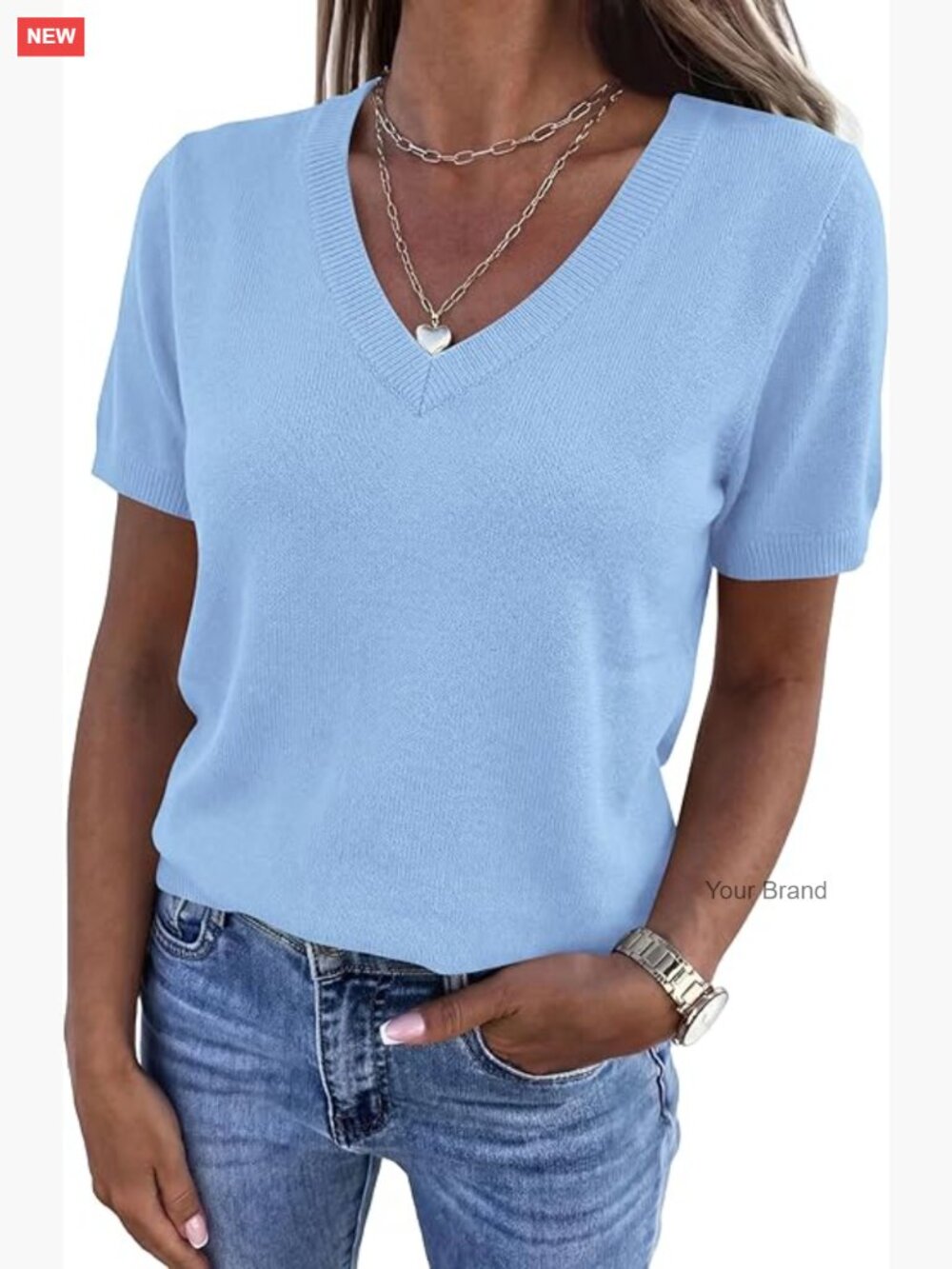 Short Sleeve V Neck Lightweight Knit Pullover Sweater Business Casual Top
